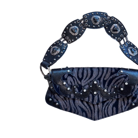 Black y2k leather fur zebra print rhinestone chain shoulder bag with fringe - Picture 2 of 4